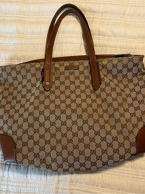 Gucci Beige and Brown GG Canvas Tote with Leather Trim